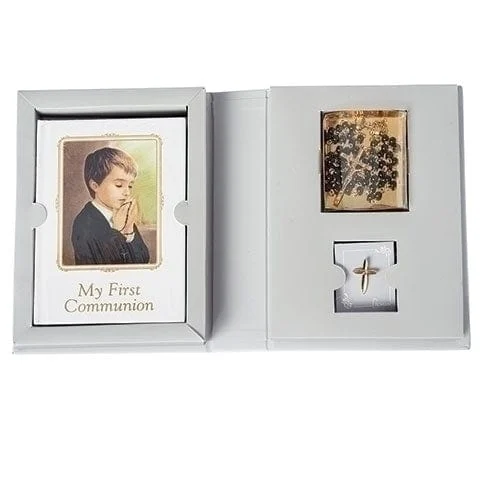 4PC BOY COMMUNION FOLDER SET GREY W/BOOK, ROSARY, PIN