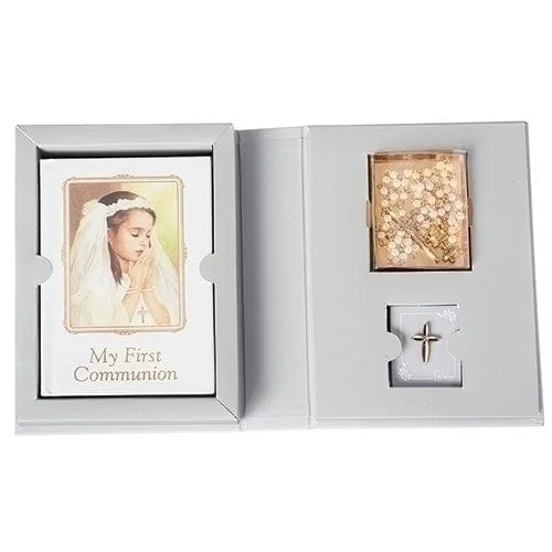 4PC GIRL COMMUNION FOLDER SET GREY W/BOOK, ROSARY, PIN