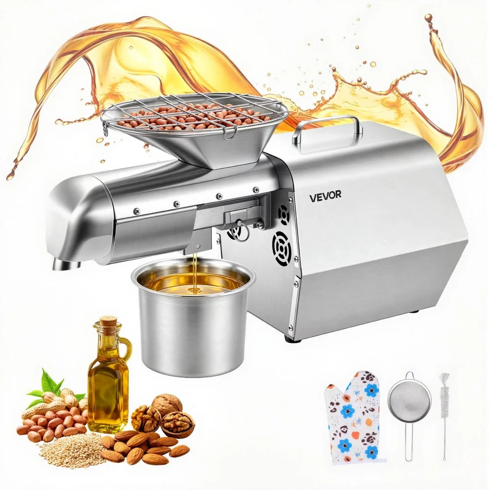 VEVOR Oil Press Machine, 11 LBS/H Capacity, 1250W Oil Extractor Machine, Automatic Electric Oil Maker for Home Commercial Use, 122℉–572℉ Hot & Cold Pressing for Peanuts Sesames Soybeans Almonds